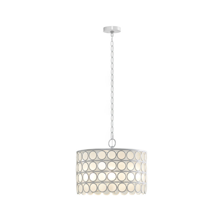 Mid-Century White Drum Shade Chandelier with Glass Accents