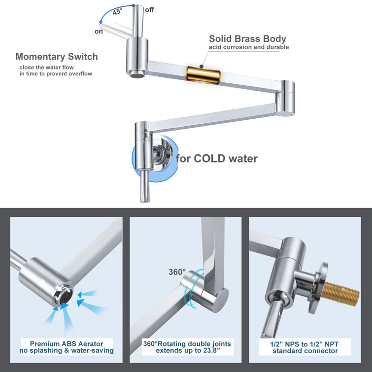 Chrome Wall Mount Folding Stretchable Pot Filler Faucet