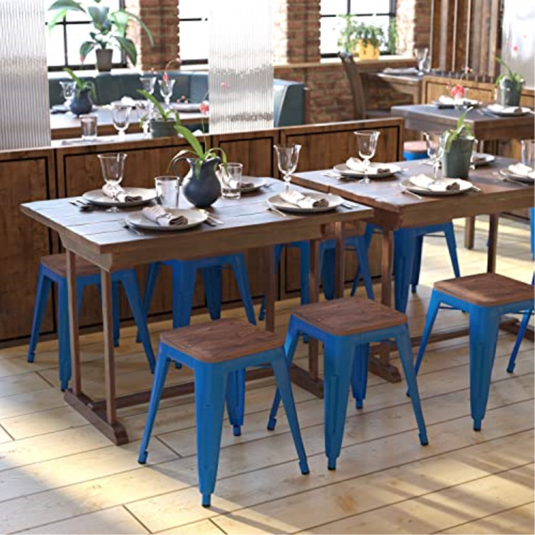Royal Blue Steel and Wood 18" Stackable Dining Stools, Set of 4