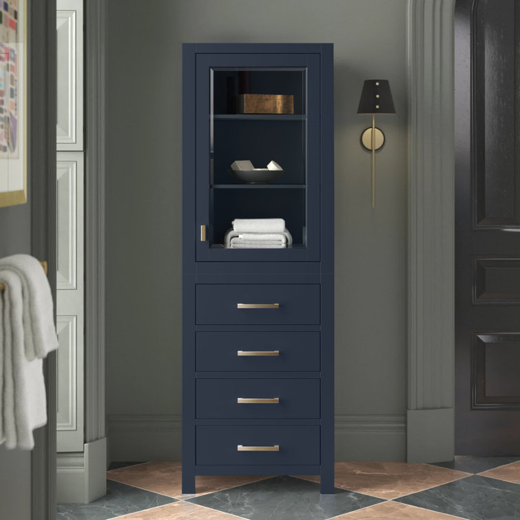 Navy Blue Poplar Wood Freestanding Bathroom Linen Cabinet with Adjustable Shelving