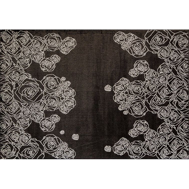 Midnight Floral Symphony Black Synthetic 8' x 10' Area Rug