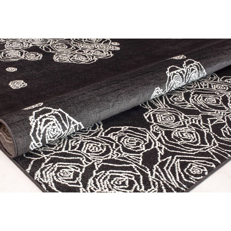 Midnight Floral Symphony Black Synthetic 8' x 10' Area Rug