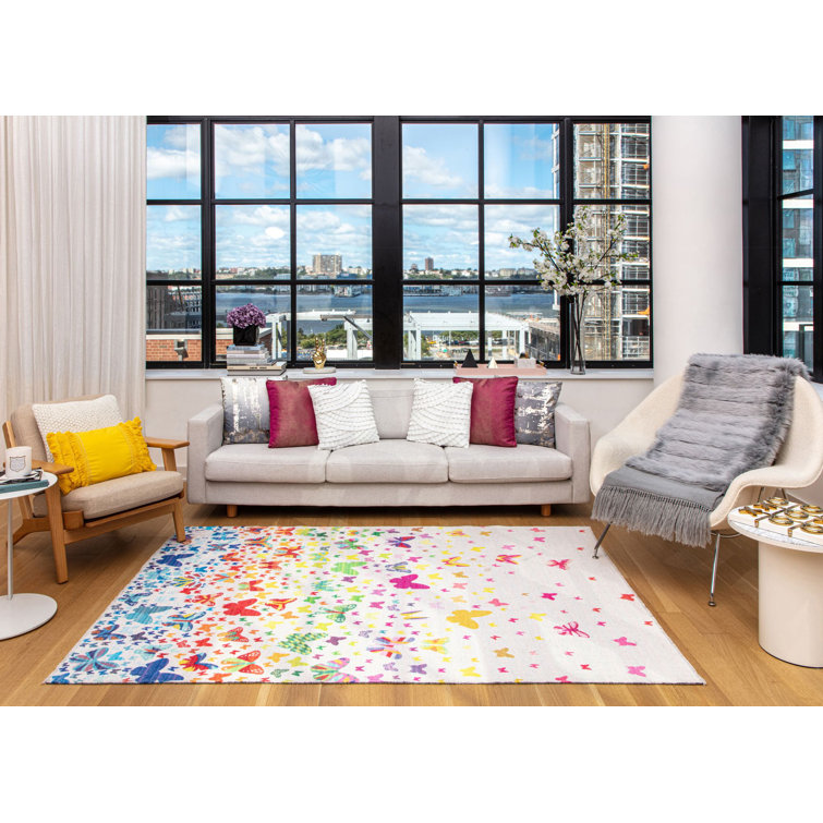 Elizabeth Sutton White Multicolor Polyester Runner Rug, 2'7" x 8'