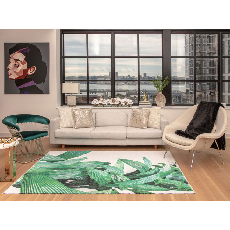Elizabeth Sutton White Palm Floral Cotton Chenille Area Rug, 8' x 10'