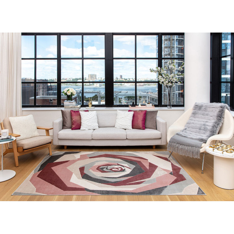 Elizabeth Sutton Black and Pink Floral Synthetic 8' x 10' Area Rug