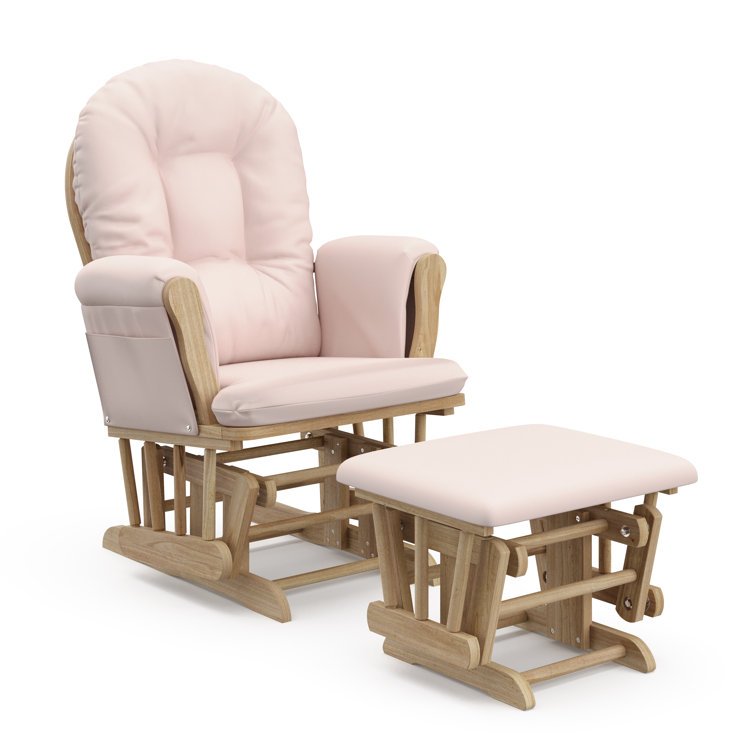 Natural Wood Nursery Glider and Ottoman with Pink Cushions