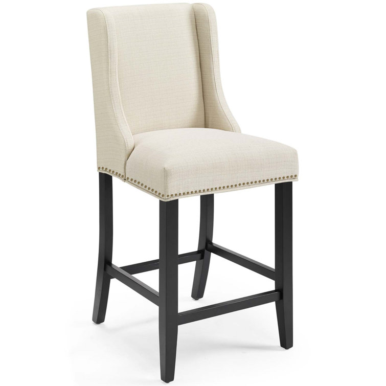 Beige Upholstered Wood Counter Stool with Nailhead Trim