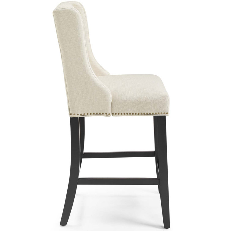 Beige Upholstered Wood Counter Stool with Nailhead Trim