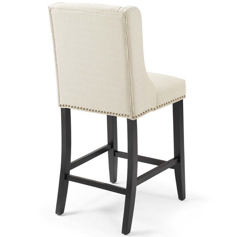 Beige Upholstered Wood Counter Stool with Nailhead Trim