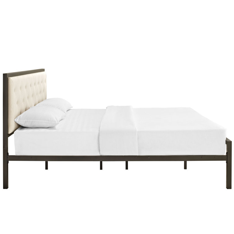 Beige Tufted Upholstered King Bed with Metal Frame