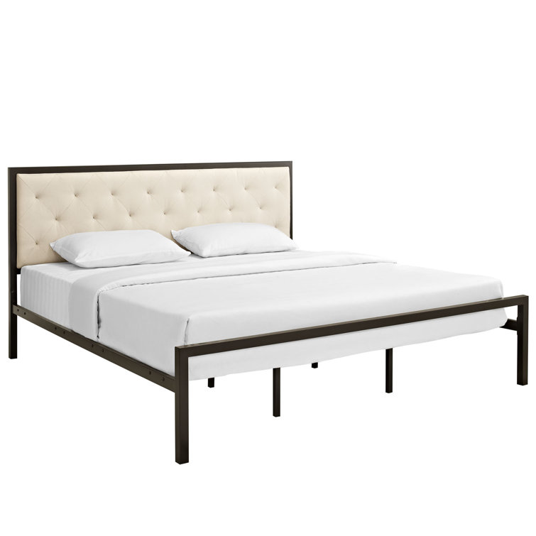 Beige Tufted Upholstered King Bed with Metal Frame