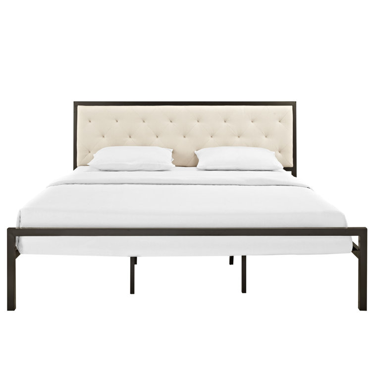 Beige Tufted Upholstered King Bed with Metal Frame