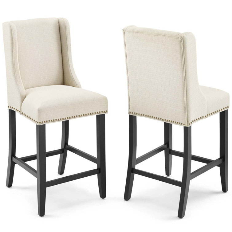 Beige Upholstered Wood Counter Stool with Nailhead Trim