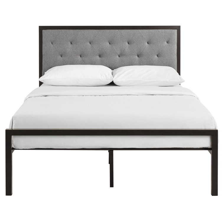 Mia Full Gray Upholstered Metal Frame Bed with Tufted Headboard