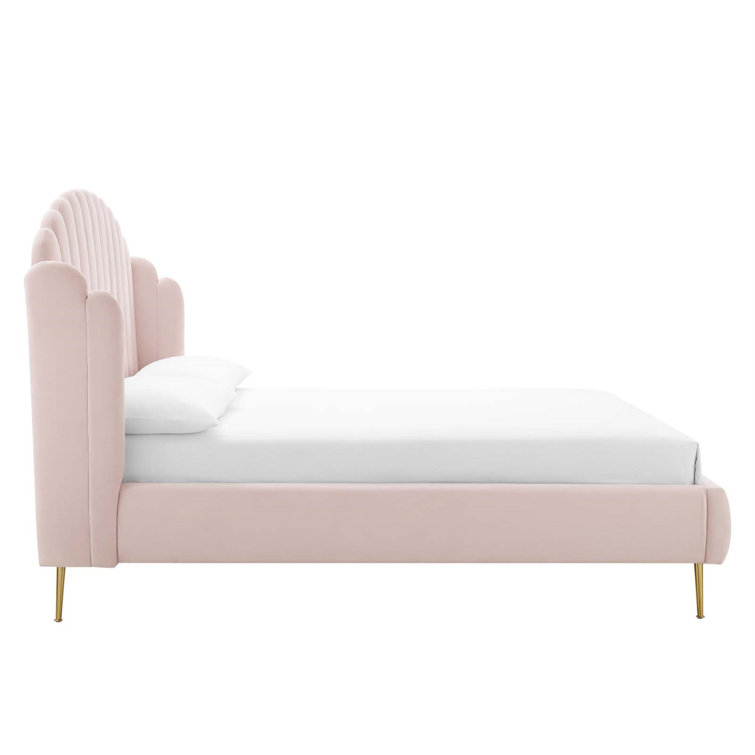 Elegant 70'' Pink Velvet Queen Wingback Platform Bed with Gold Legs