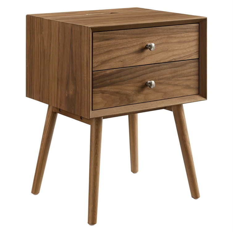 Walnut Wood Mid-century Modern Nightstand with USB Ports