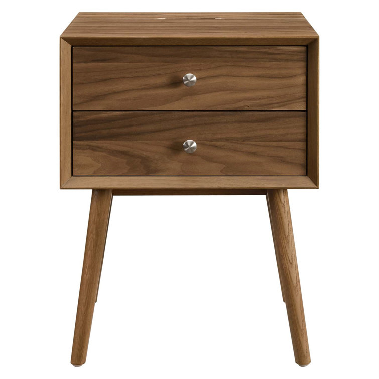 Walnut Wood Mid-century Modern Nightstand with USB Ports