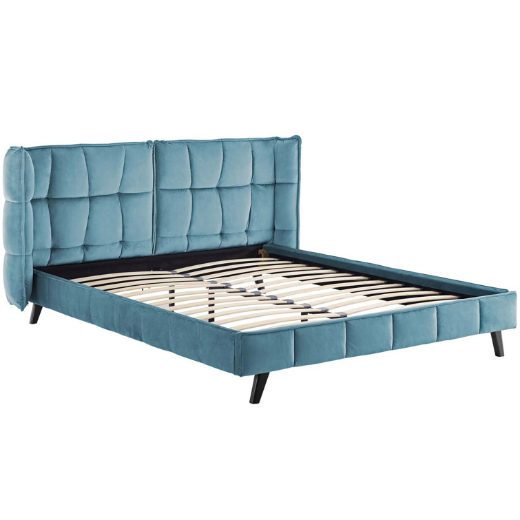 Sea Blue Queen Velvet Tufted Wingback Platform Bed with Slats