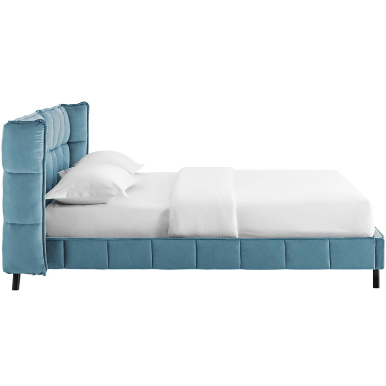 Sea Blue Queen Velvet Tufted Wingback Platform Bed with Slats