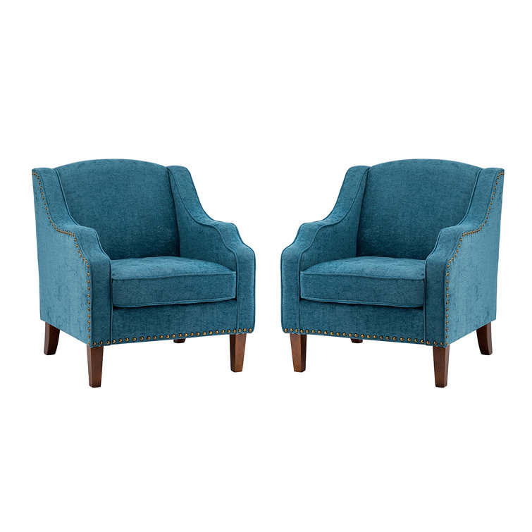 Blue Polyester Upholstered Armchairs with Nailhead Trim, Set of 2