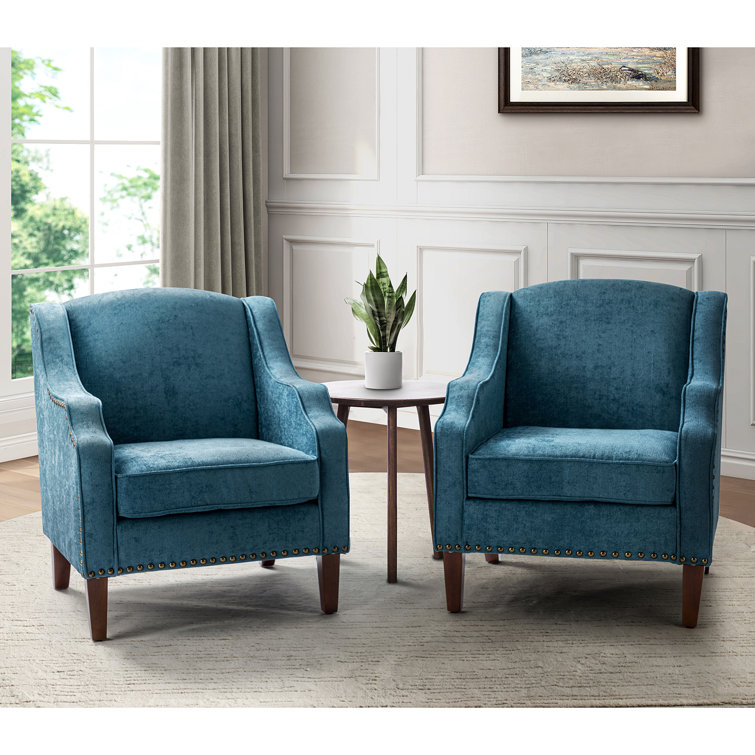 Blue Polyester Upholstered Armchairs with Nailhead Trim, Set of 2