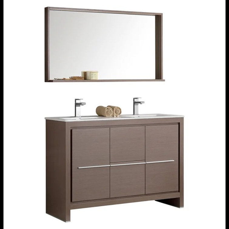 Gray Oak 48" Double Sink Freestanding Vanity Set with Mirror
