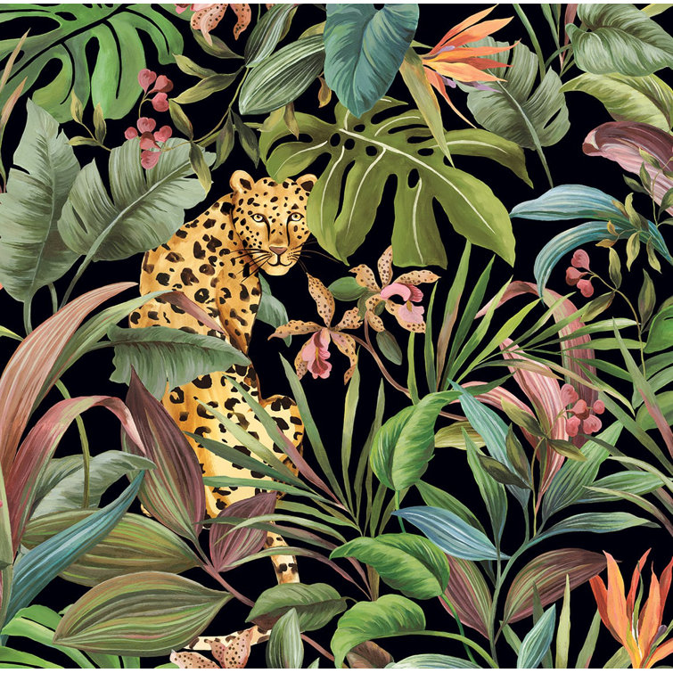 Gloss Black Tropical Leopard Peel and Stick Wallpaper Roll