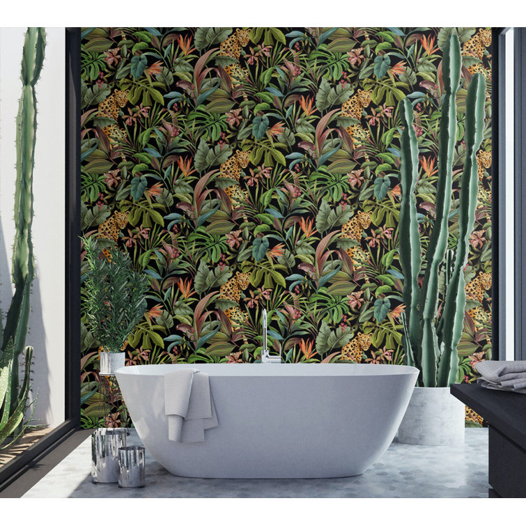 Gloss Black Tropical Leopard Peel and Stick Wallpaper Roll