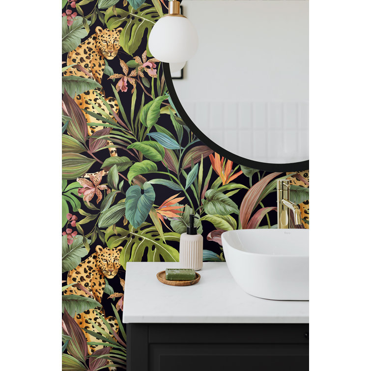Gloss Black Tropical Leopard Peel and Stick Wallpaper Roll
