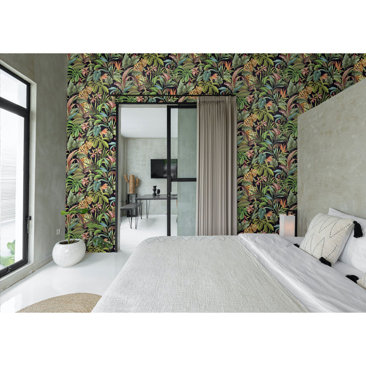 Gloss Black Tropical Leopard Peel and Stick Wallpaper Roll