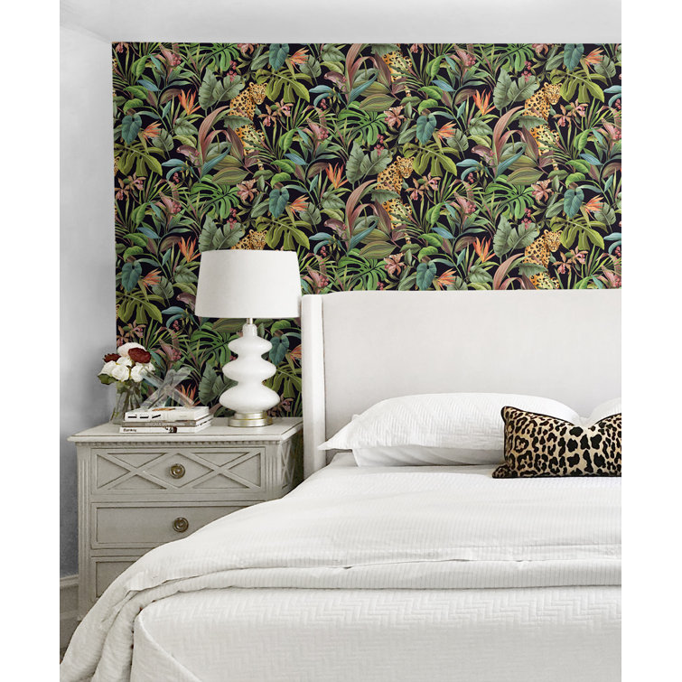 Gloss Black Tropical Leopard Peel and Stick Wallpaper Roll