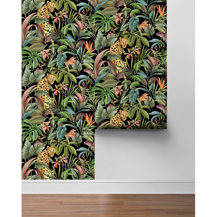 Gloss Black Tropical Leopard Peel and Stick Wallpaper Roll