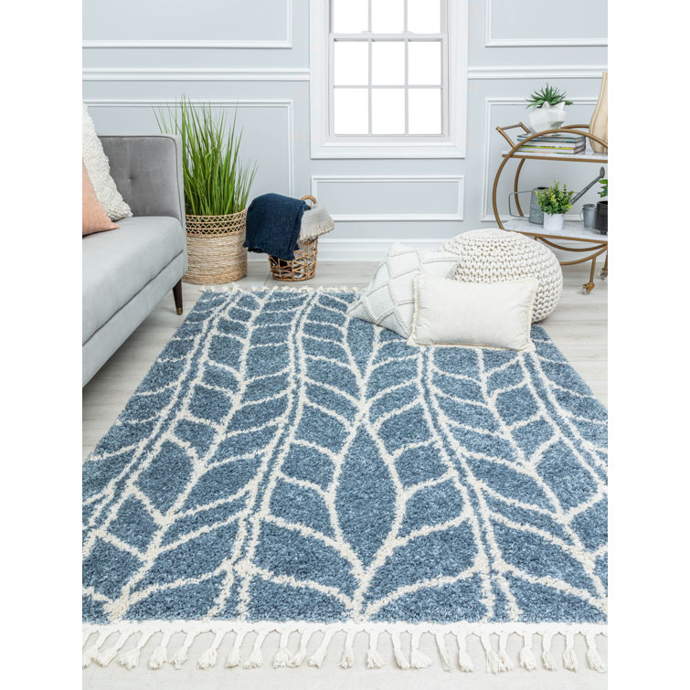 Sky Vine Blue Geometric Braided Area Rug with Tassels