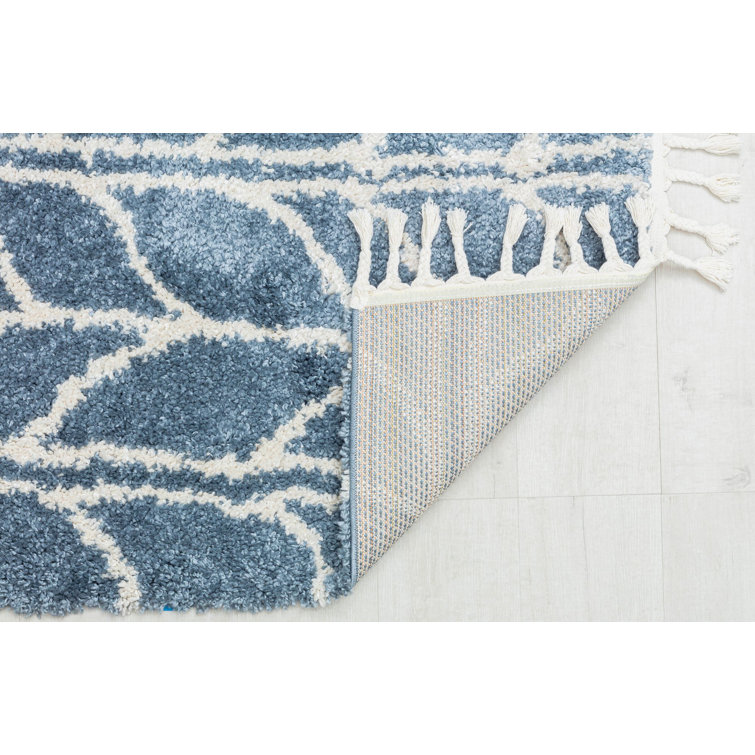 Sky Vine Blue Geometric Braided Area Rug with Tassels