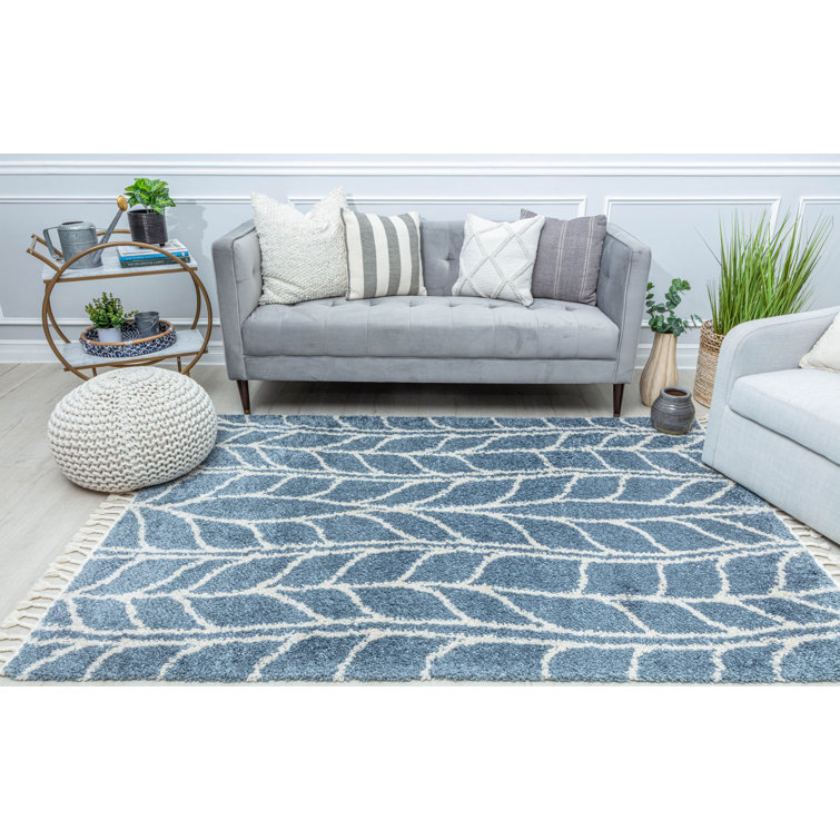 Sky Vine Blue Geometric Braided Area Rug with Tassels