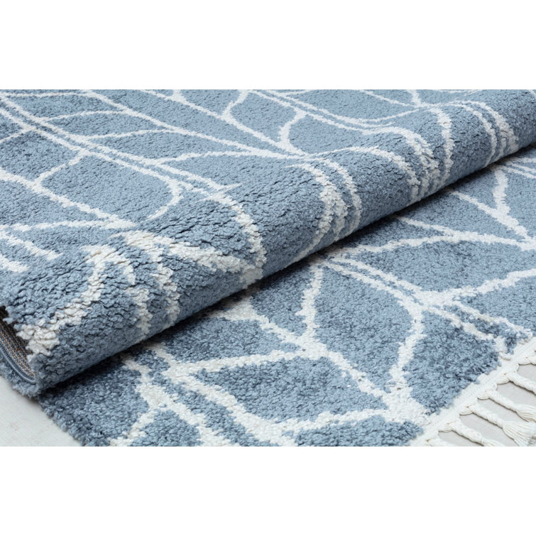 Sky Vine Blue Geometric Braided Area Rug with Tassels