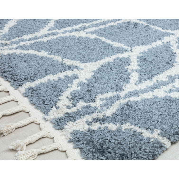 Sky Vine Blue Geometric Braided Area Rug with Tassels