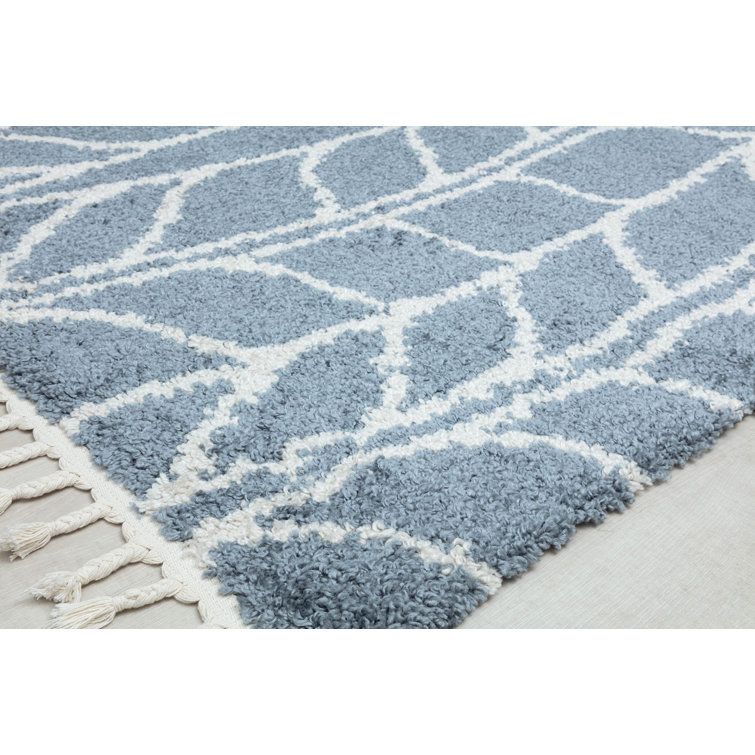 Sky Vine Blue Geometric Braided Area Rug with Tassels