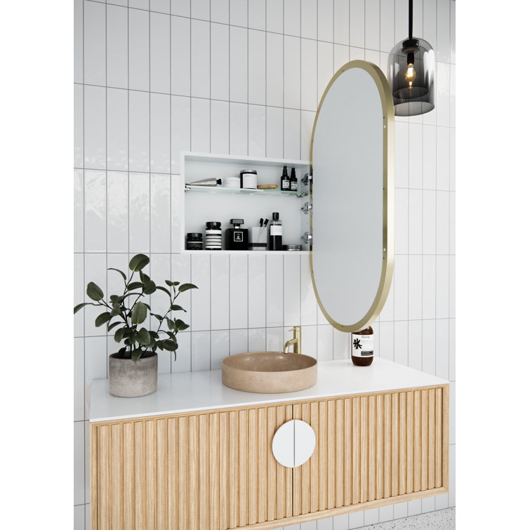 Satin Brass Oval Recessed Medicine Cabinet with Mirror