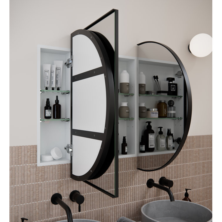 Black Framed Oval Recessed Medicine Cabinet with Mirror