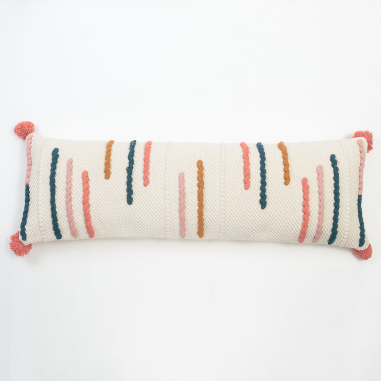 Amelia Embroidered Cotton Bolster Pillow with Pom-Poms