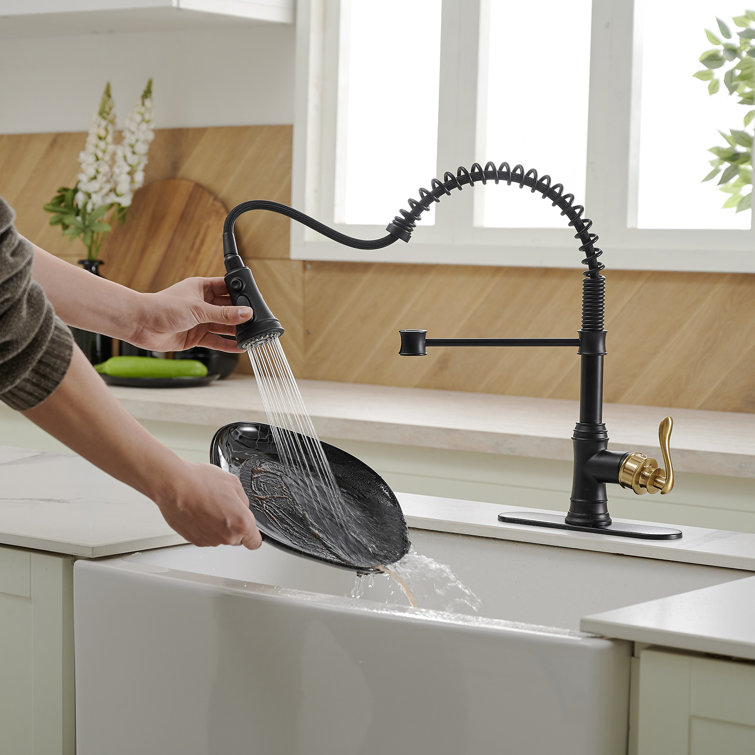 Matte Black and Gold High-Arc Kitchen Faucet with Pull-Out Spray