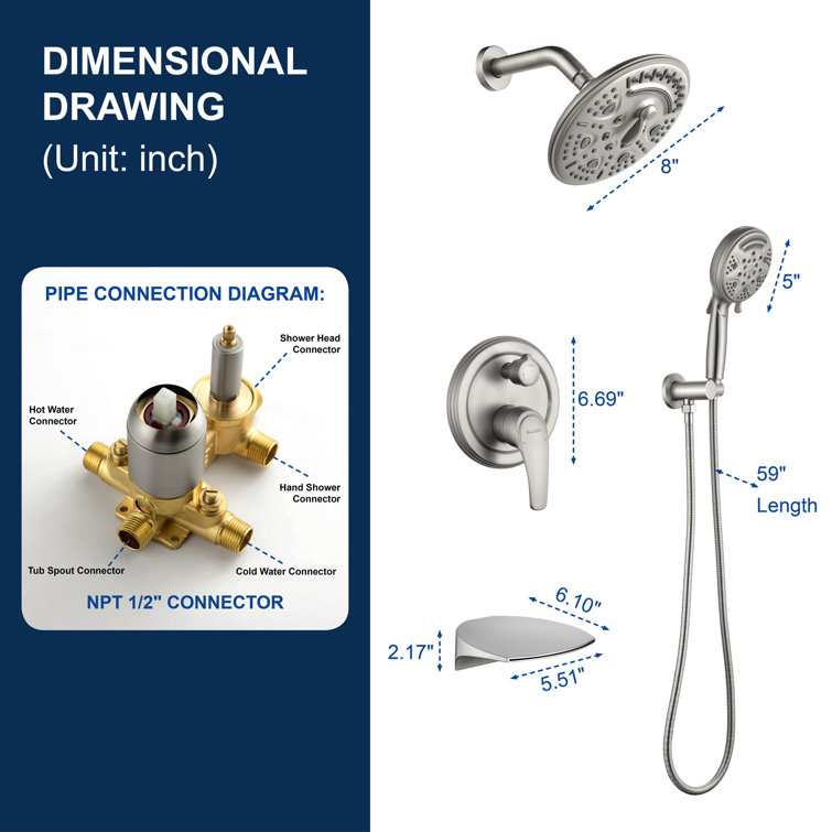 Brushed Nickel Wall Mounted Shower System with Adjustable Head