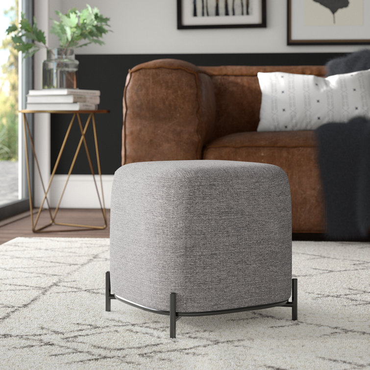 Gray Basketweave Upholstered Ottoman with Black Metal Base