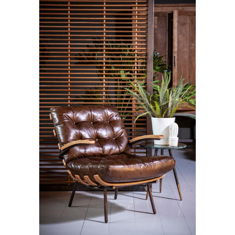 Cognac Tufted Faux Leather Armchair with Metal Frame