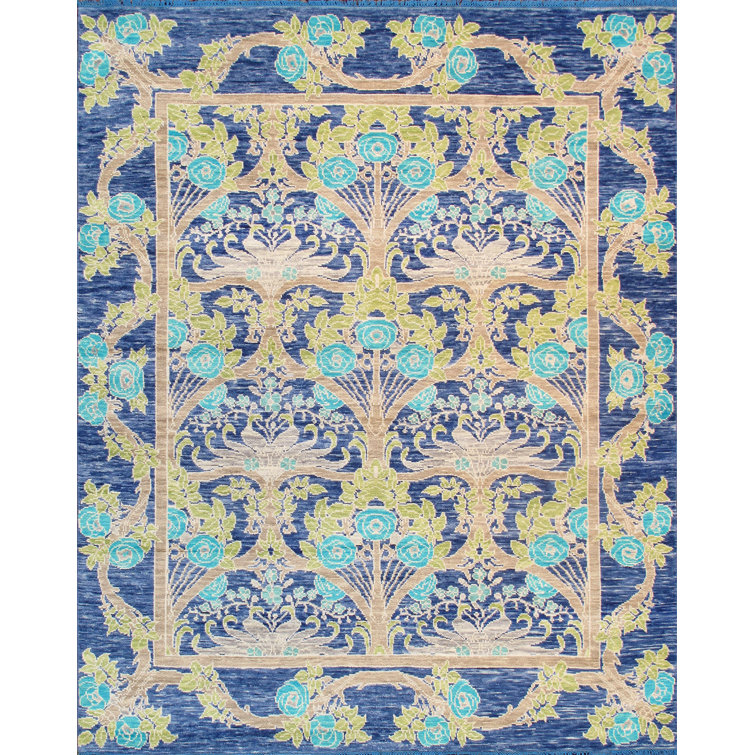 Elegant Oushak Hand-Knotted Blue Floral Wool Rug, 7'11" x 9'9"