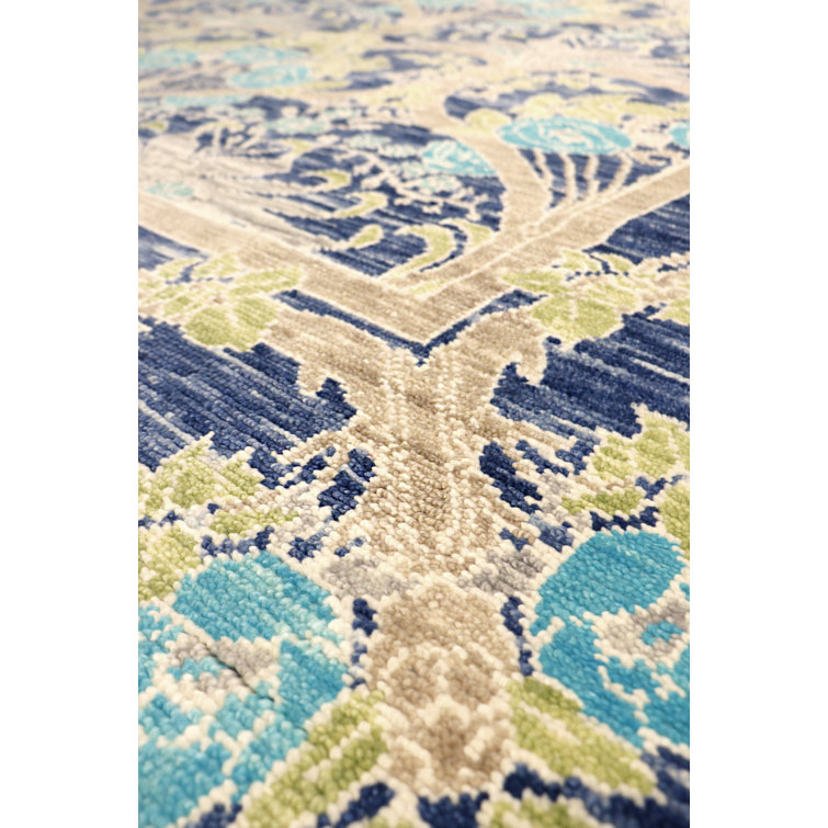 Elegant Oushak Hand-Knotted Blue Floral Wool Rug, 7'11" x 9'9"