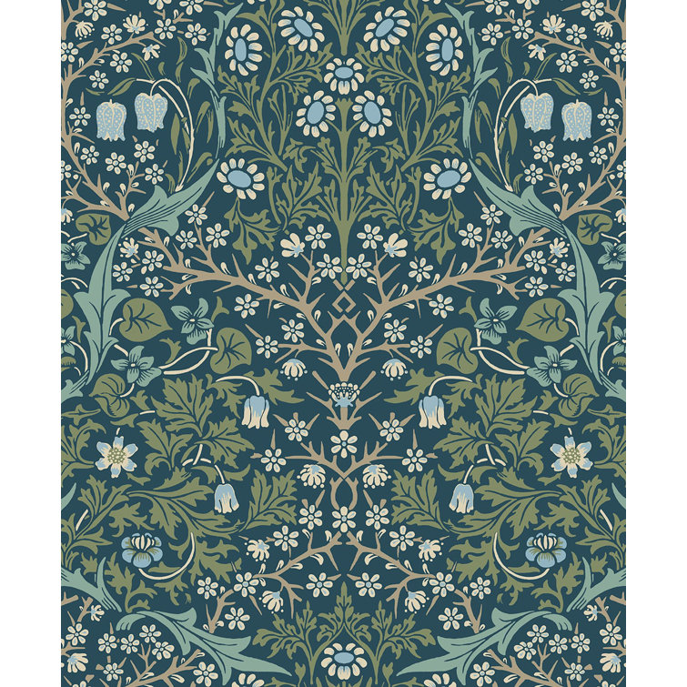 Prussian Blue and Moss Green Damask Peel and Stick Wallpaper