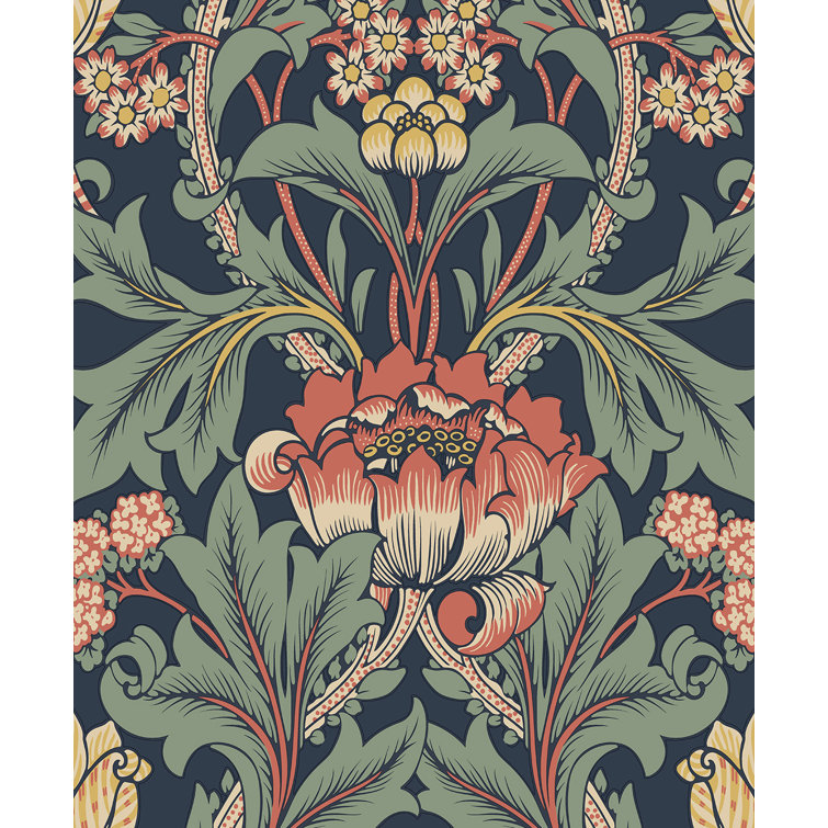 Denim Blue and Auburn Floral Peel and Stick Wallpaper
