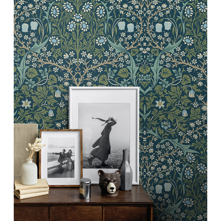Prussian Blue and Moss Green Damask Peel and Stick Wallpaper